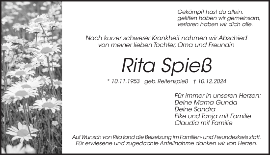 Traueranzeige von Rita Spieß von Pegnitz-Zeitung