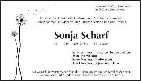 Traueranzeige von Sonja Scharf von Pegnitz-Zeitung
