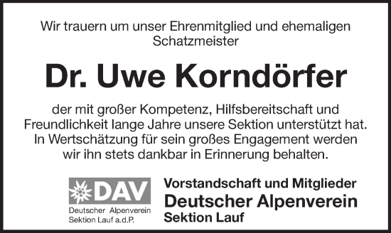 Traueranzeige von Uwe Korndörfer von Pegnitz-Zeitung