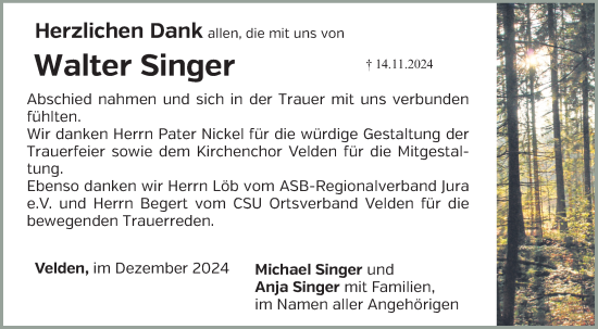 Traueranzeige von Walter Singer von Hersbrucker Zeitung Lokal