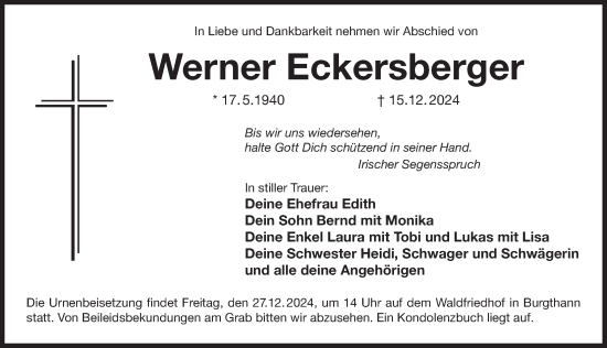 Traueranzeige von Werner Eckersberger von Der Bote