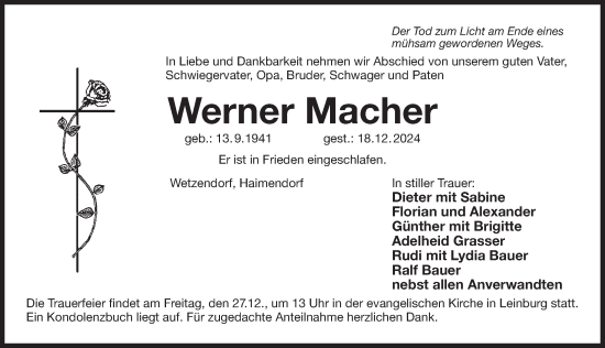 Traueranzeige von Werner Macher von Pegnitz-Zeitung