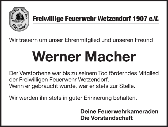 Traueranzeige von Werner Macher von Pegnitz-Zeitung