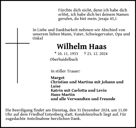 Traueranzeige von Wilhelm Haas von Der Bote