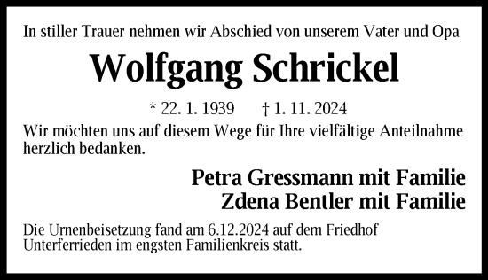 Traueranzeige von Wolfgang Schrickel von Der Bote