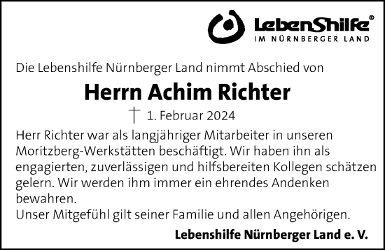 Traueranzeige von Achim Richter von Hersbrucker Zeitung Lokal