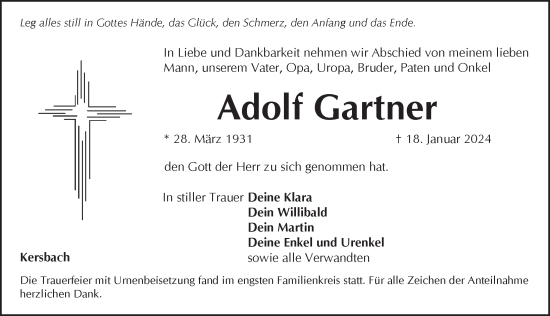 Traueranzeige von Adolf Gartner von Pegnitz-Zeitung