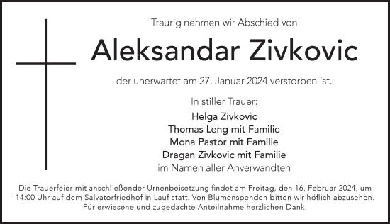 Traueranzeige von Aleksandar Zivkovic von Pegnitz-Zeitung
