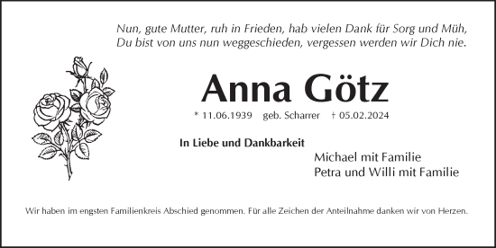 Traueranzeige von Anna Götz von Pegnitz-Zeitung