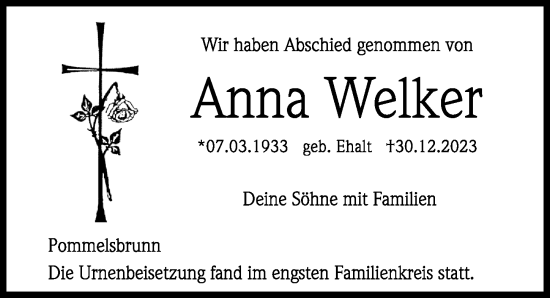 Traueranzeige von Anna Welker von Hersbrucker Zeitung Lokal