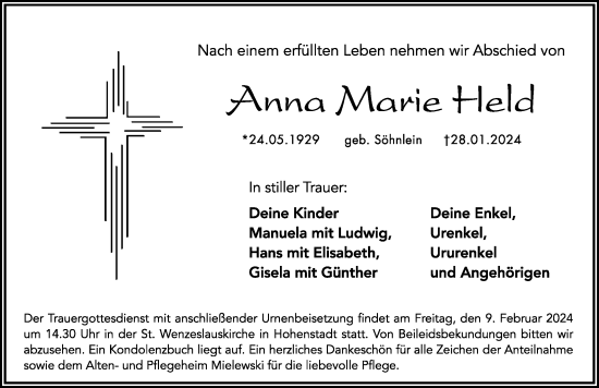 Traueranzeige von Anna Marie Held von Hersbrucker Zeitung Lokal