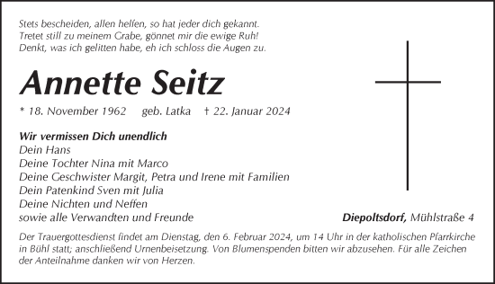 Traueranzeige von Annette Seitz von Pegnitz-Zeitung