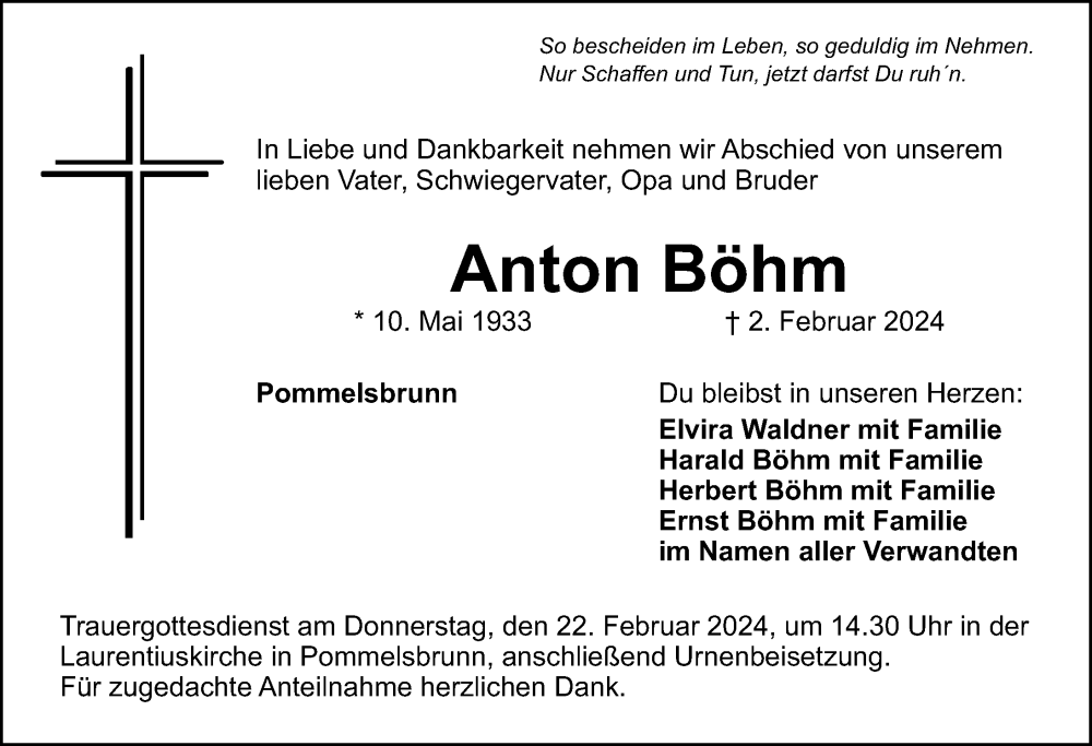  Traueranzeige für Anton Böhm vom 10.02.2024 aus Hersbrucker Zeitung Lokal