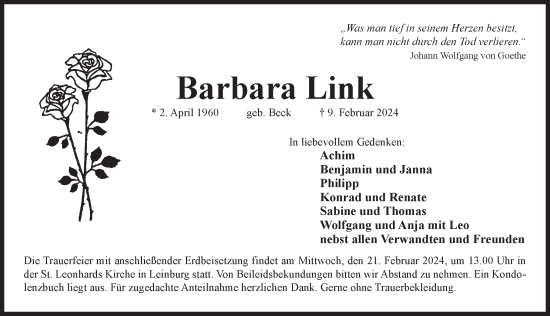 Traueranzeige von Barbara Link von Pegnitz-Zeitung
