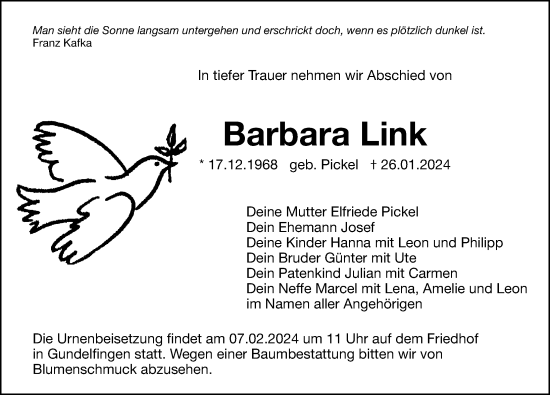 Traueranzeige von Barbara Link von Hersbrucker Zeitung Lokal