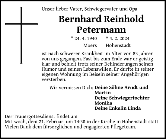 Traueranzeige von Bernhard Reinhold Petermann von Hersbrucker Zeitung Lokal