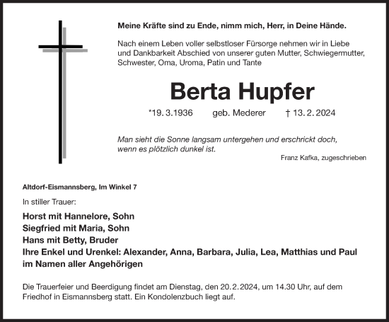 Traueranzeige von Berta Hupfer von Der Bote