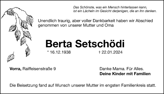 Traueranzeige von Berta Setschödi von Hersbrucker Zeitung Lokal