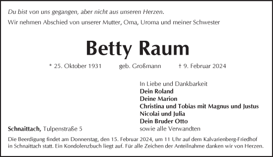Traueranzeige von Betty Raum von Pegnitz-Zeitung