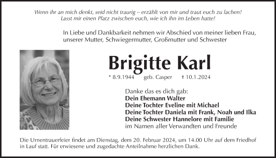 Traueranzeige von Brigitte Karl von Pegnitz-Zeitung