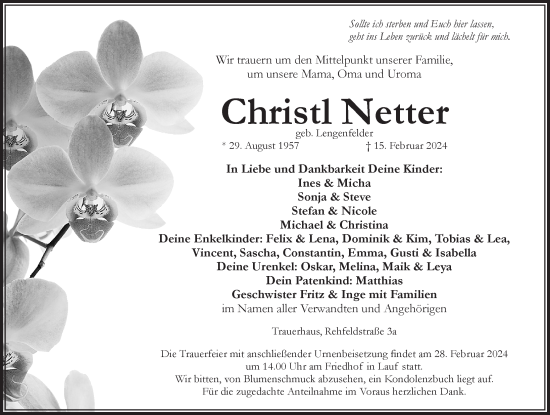 Traueranzeige von Christl Netter von Pegnitz-Zeitung