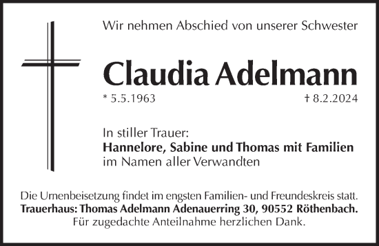 Traueranzeige von Claudia Adelmann von Pegnitz-Zeitung