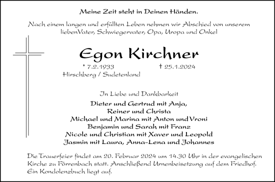 Traueranzeige von Egon Kirchner von Hersbrucker Zeitung Lokal