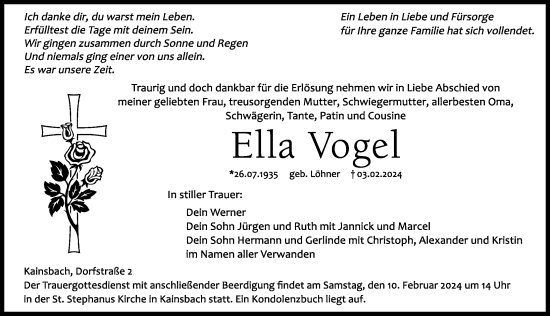 Traueranzeige von Ella Vogel von Hersbrucker Zeitung Lokal