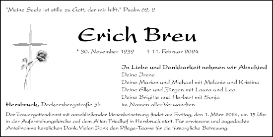 Traueranzeige von Erich Breu von Hersbrucker Zeitung Lokal