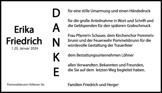 Traueranzeige von Erika Friedrich von Hersbrucker Zeitung Lokal