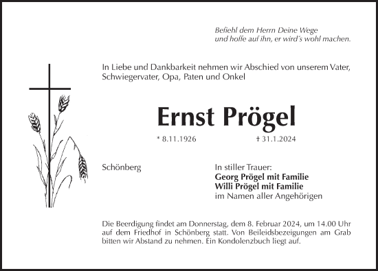 Traueranzeige von Ernst Prögel von Pegnitz-Zeitung