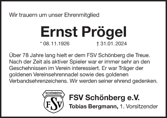 Traueranzeige von Ernst Prögel von Pegnitz-Zeitung