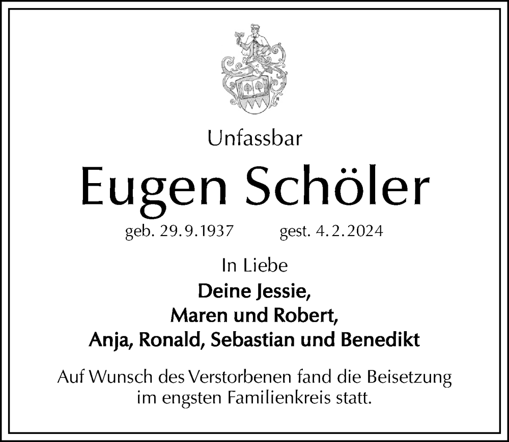  Traueranzeige für Eugen Schöler vom 10.02.2024 aus Hersbrucker Zeitung Lokal