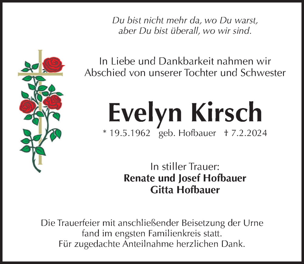  Traueranzeige für Evelyn Kirsch vom 24.02.2024 aus Pegnitz-Zeitung