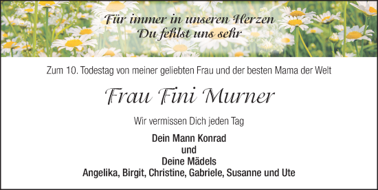 Traueranzeige von Fini Murner von Hersbrucker Zeitung Lokal