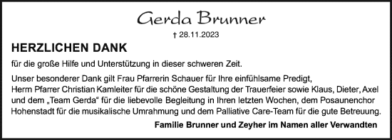 Traueranzeige von Gerda Brunner von Hersbrucker Zeitung Lokal