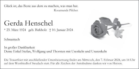 Traueranzeige von Gerda Henschel von Pegnitz-Zeitung