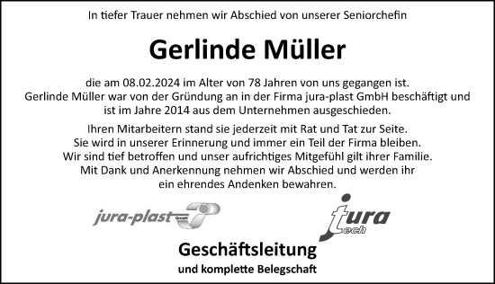 Traueranzeige von Gerlinde Müller von Hersbrucker Zeitung Lokal