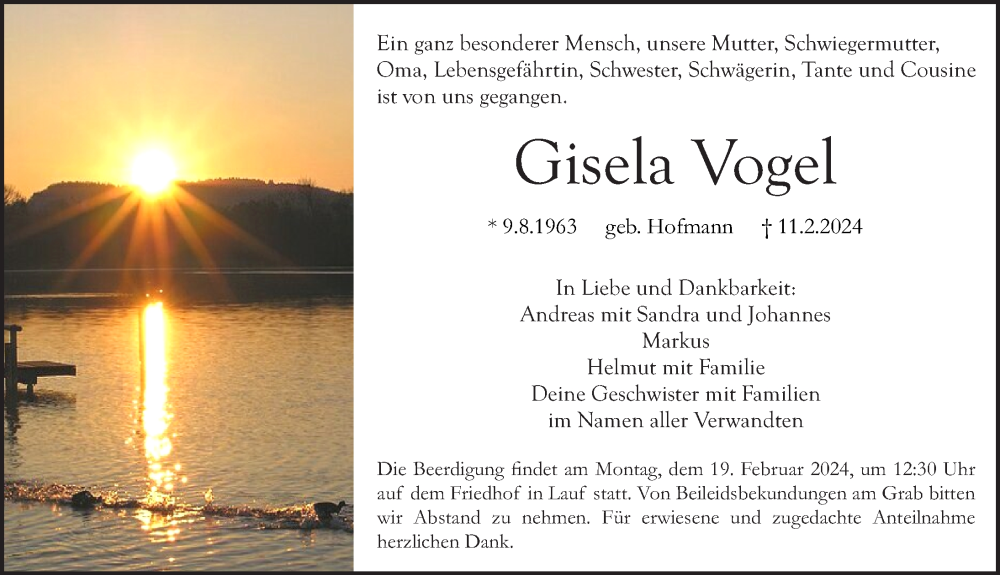  Traueranzeige für Gisela Vogel vom 15.02.2024 aus Pegnitz-Zeitung
