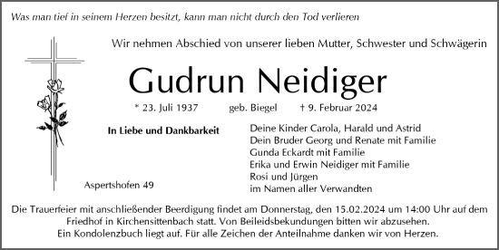 Traueranzeige von Gudrun Neidiger von Hersbrucker Zeitung Lokal