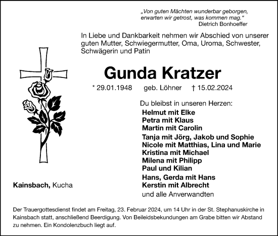 Traueranzeige von Gunda Kratzer von Hersbrucker Zeitung Lokal