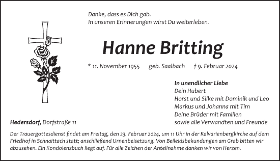 Traueranzeige von Hanne Britting von Pegnitz-Zeitung