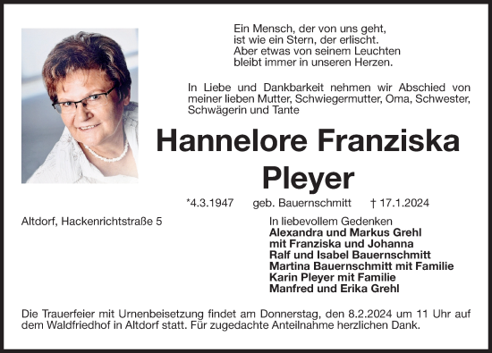 Traueranzeige von Hannelore Franziska Pleyer von Der Bote
