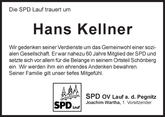 Traueranzeige von Hans Kellner von Pegnitz-Zeitung