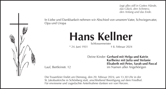 Traueranzeige von Hans Kellner von Pegnitz-Zeitung