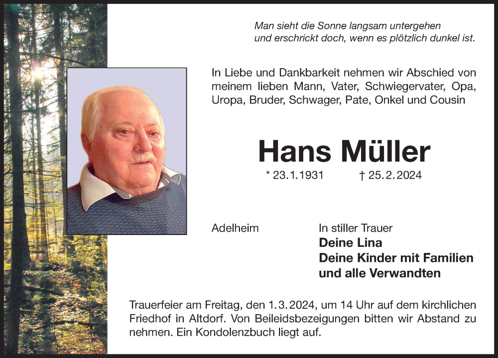  Traueranzeige für Hans Müller vom 28.02.2024 aus Der Bote