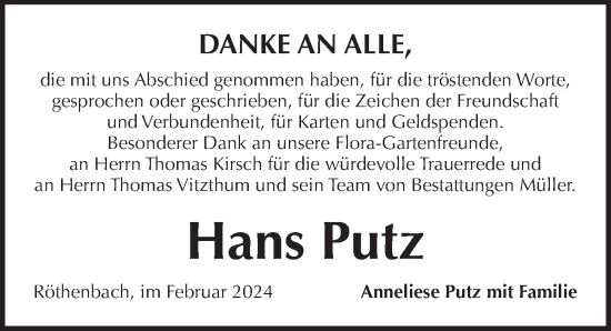 Traueranzeige von Hans Putz von Pegnitz-Zeitung
