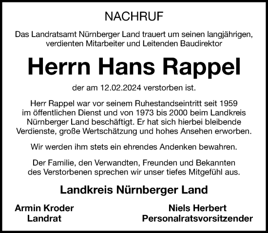Traueranzeige von Hans Rappel von Hersbrucker Zeitung Lokal