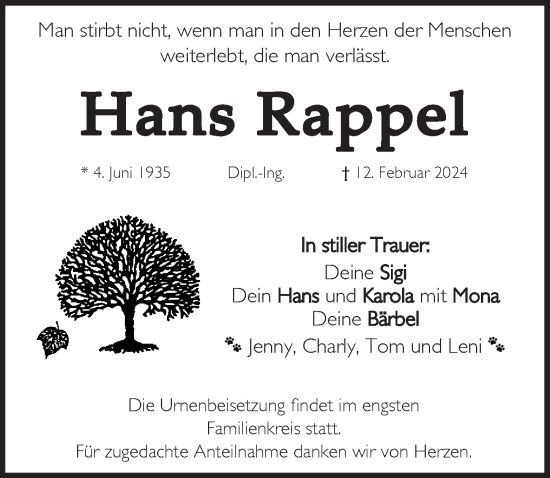 Traueranzeige von Hans Rappel von Der Bote