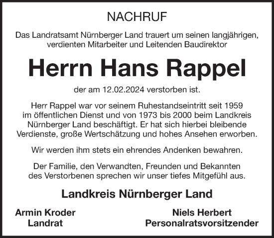 Traueranzeige von Hans Rappel von Der Bote
